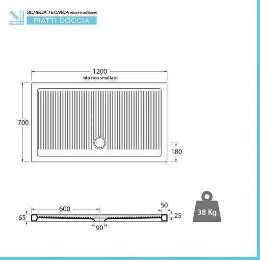 Piatto doccia 70x120 H 6.5 rettangolare in ceramica bianca con antiscivolo Ferdy