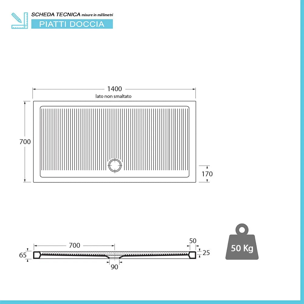 Piatto doccia 70x140 H 6.5 rettangolare in ceramica bianca con antiscivolo Ferdy