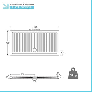 Piatto doccia 70x140 H 6.5 rettangolare in ceramica bianca con antiscivolo Ferdy
