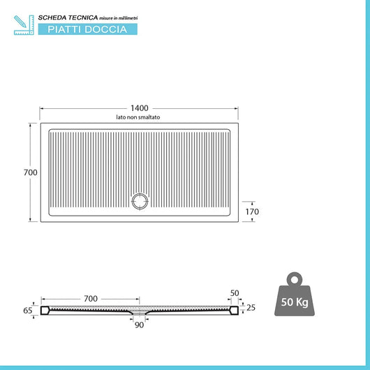 Piatto doccia 70x140 H 6.5 rettangolare in ceramica bianca con antiscivolo Ferdy