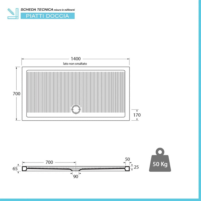 Piatto doccia 70x140 H 6.5 rettangolare in ceramica bianca con antiscivolo Ferdy