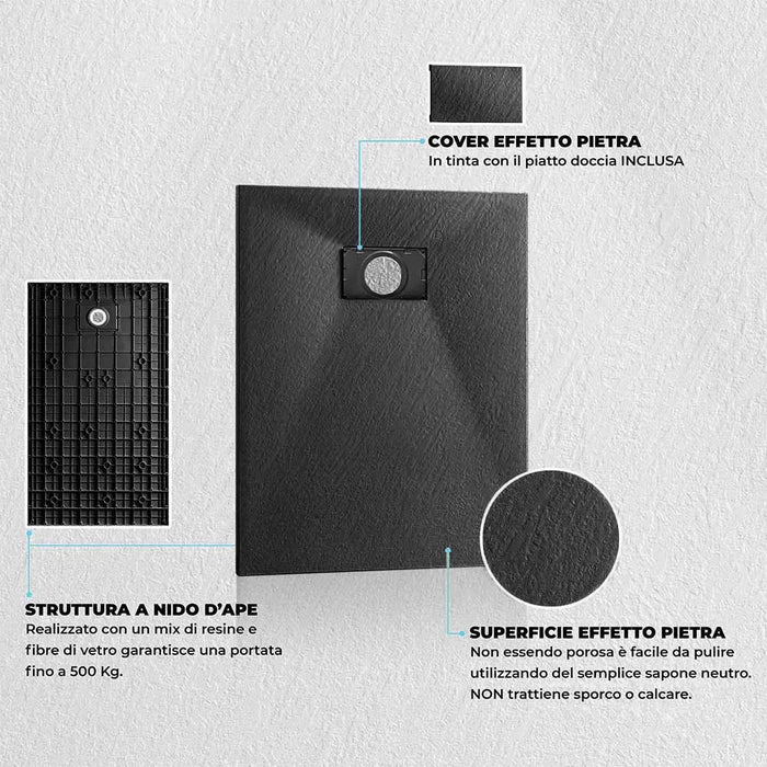Piatto doccia 70x150 in resina nero effetto pietra riducibile Agorà