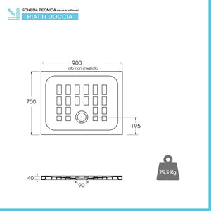 Piatto doccia 70x90 H 4 rettangolare in ceramica bianca con antiscivolo Cube