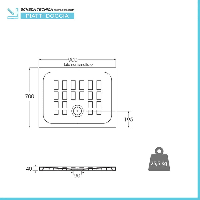 Piatto doccia 70x90 H 4 rettangolare in ceramica bianca con antiscivolo Cube