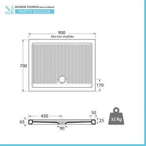 Piatto doccia 70x90 H 6.5 rettangolare in ceramica bianca con antiscivolo Ferdy