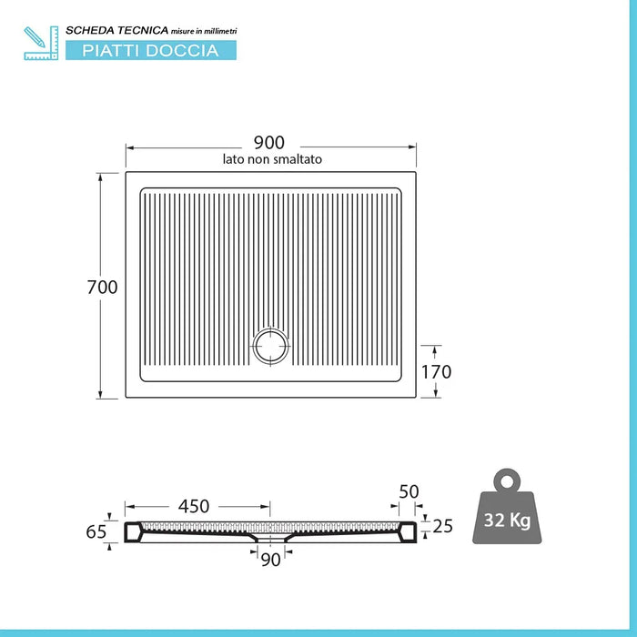 Piatto doccia 70x90 H 6.5 rettangolare in ceramica bianca con antiscivolo Ferdy