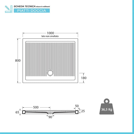Piatto doccia 80x100 H 6.5 rettangolare in ceramica bianca con antiscivolo Ferdy