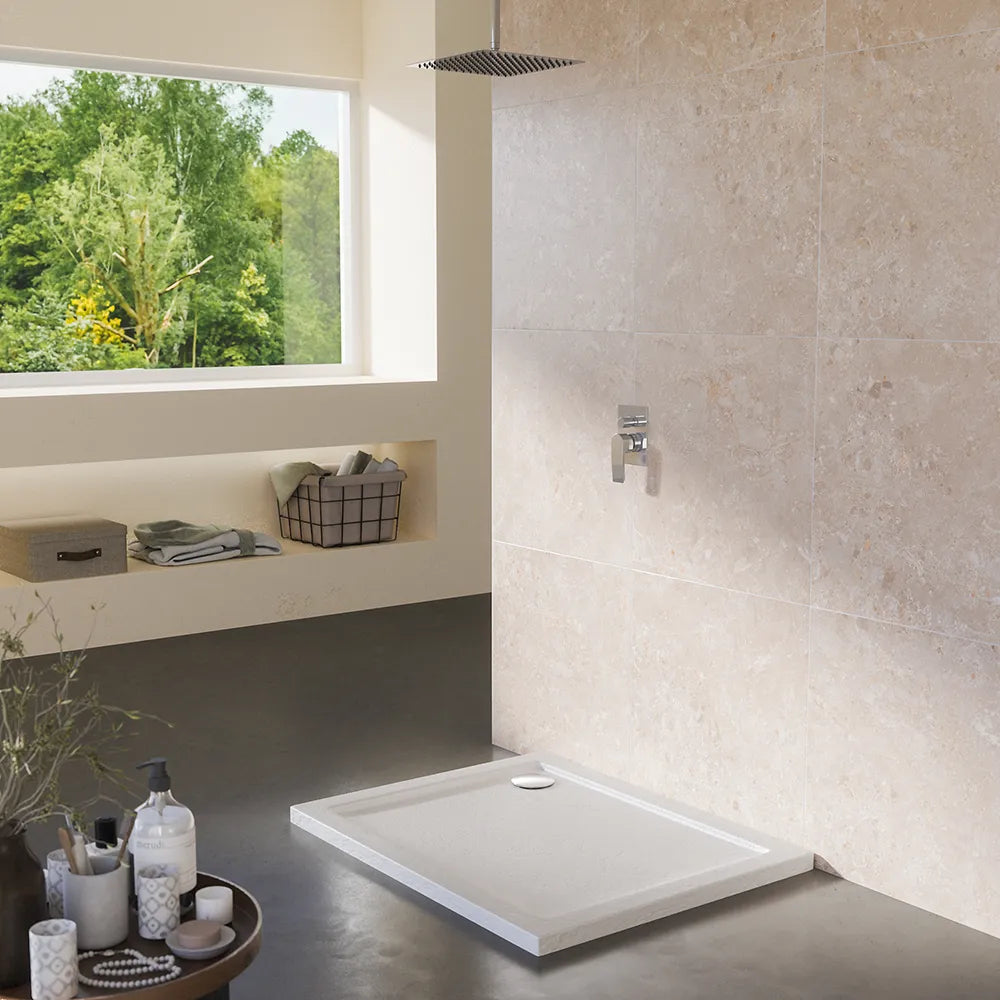 Piatto doccia 80x100 effetto pietra bianco in acrilico altezza slim | Petra