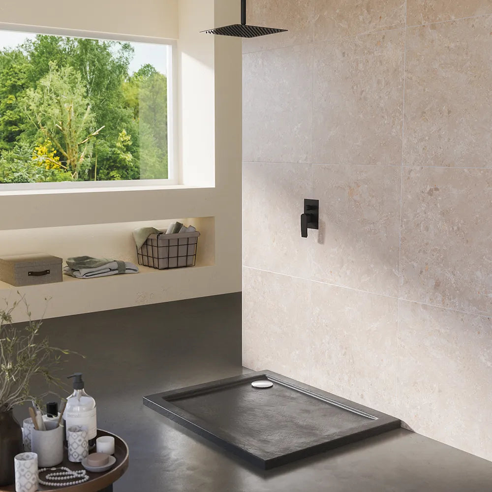 Piatto doccia 80x90 effetto pietra nero in acrilico altezza slim | Petra
