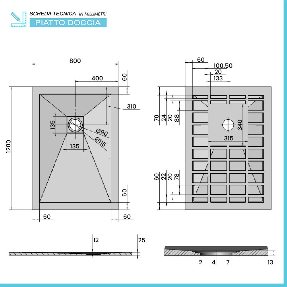 Piatto doccia 80x120 cm bianco effetto pietra in resina riducibile Karen