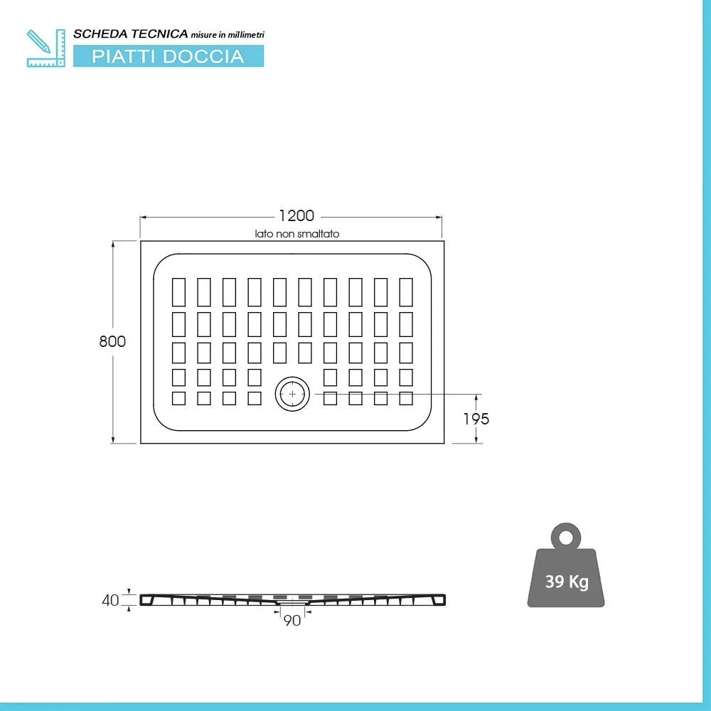 Piatto doccia 80x120 H 4 rettangolare in ceramica bianca con antiscivolo Cube