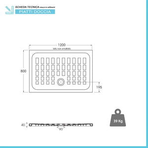Piatto doccia 80x120 H 4 rettangolare in ceramica bianca con antiscivolo Cube