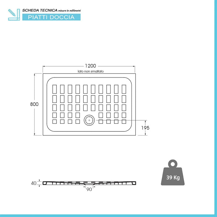Piatto doccia 80x120 H 4 rettangolare in ceramica bianca con antiscivolo Cube