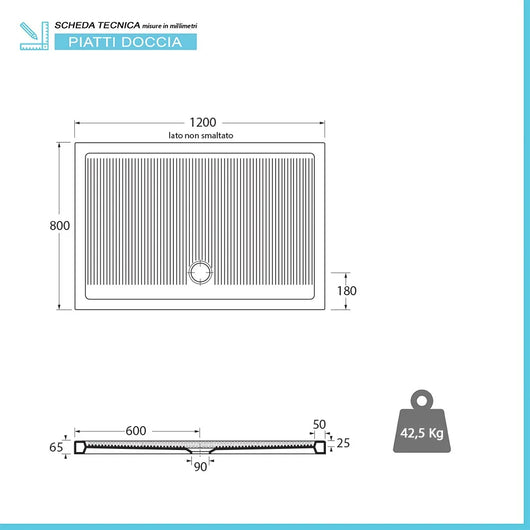 Piatto doccia 80x120 H 6.5 rettangolare in ceramica bianca con antiscivolo Ferdy