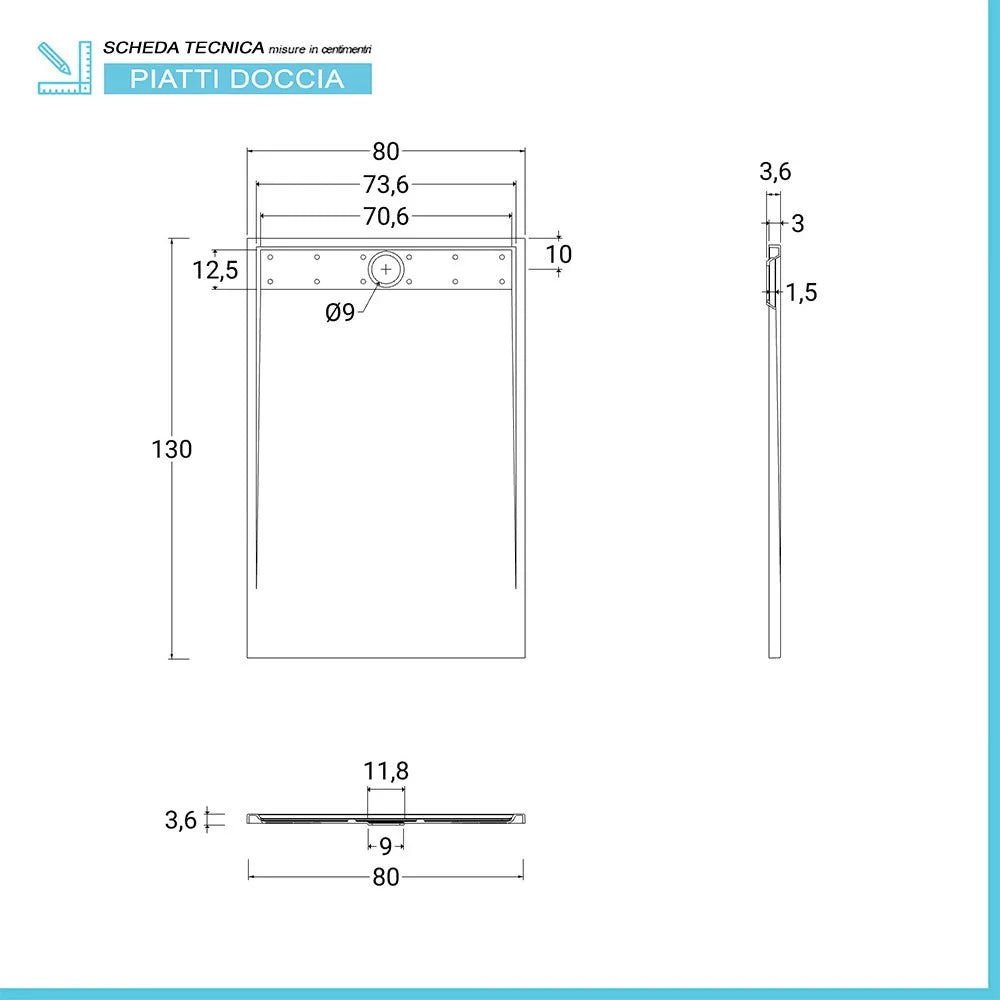 Piatto doccia 80x130 bianco pietra in resina riducibile con canalina Argo