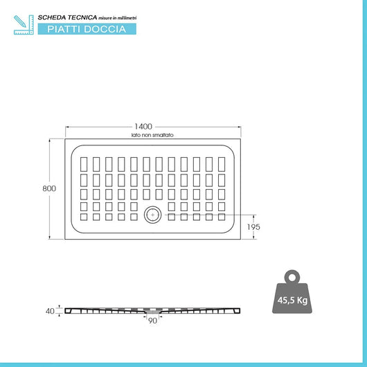 Piatto doccia 80x140 H 4 rettangolare in ceramica bianca con antiscivolo Cube