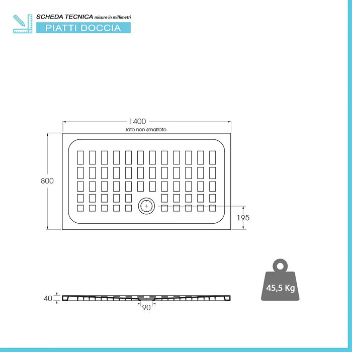 Piatto doccia 80x140 H 4 rettangolare in ceramica bianca con antiscivolo Cube