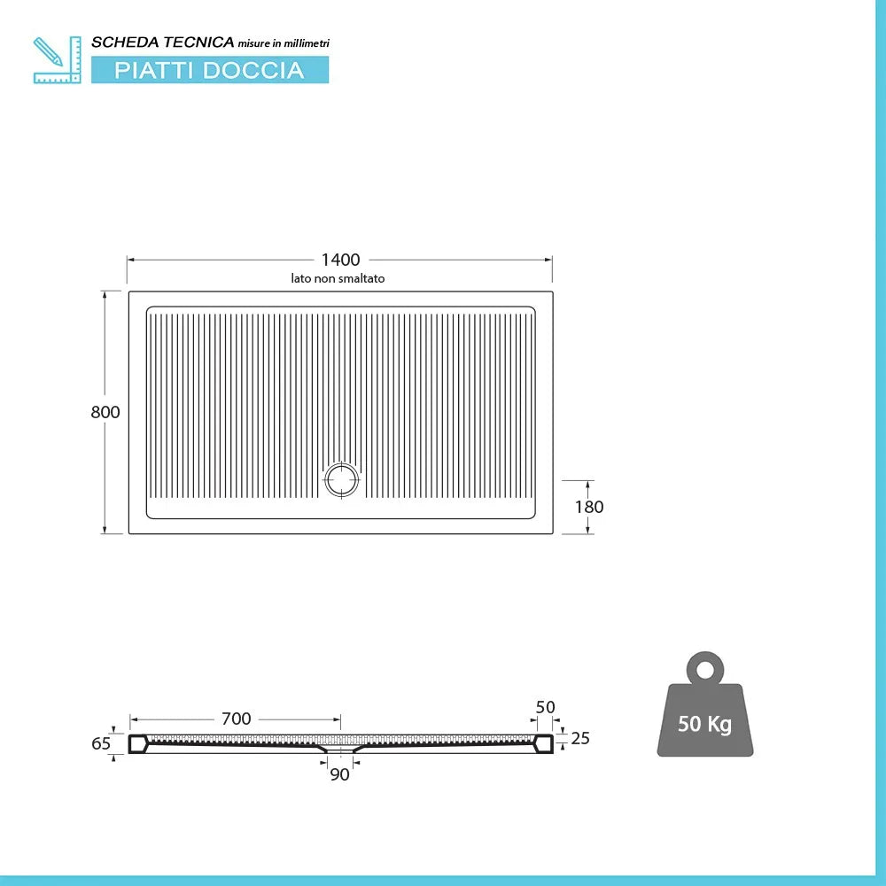 Piatto doccia 80x140 H 6.5 rettangolare in ceramica bianca con antiscivolo Ferdy