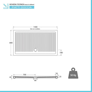 Piatto doccia 80x140 H 6.5 rettangolare in ceramica bianca con antiscivolo Ferdy