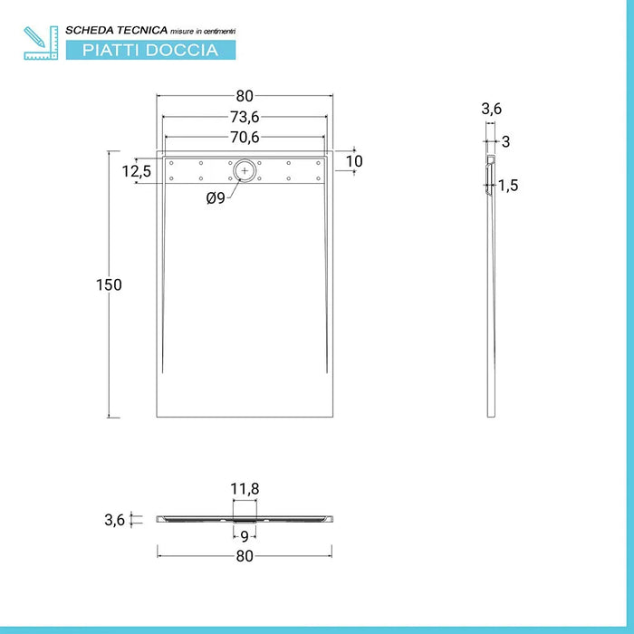 Piatto doccia 80x150 bianco pietra in resina riducibile con canalina Argo