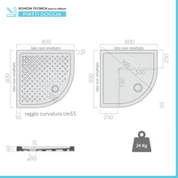 Piatto doccia 80x80 H 6 semicircolare in ceramica bianca con antiscivolo