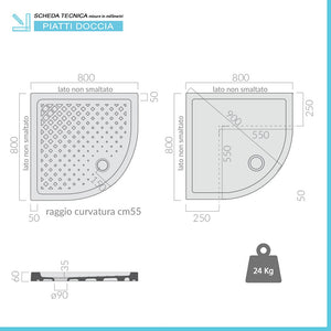 Piatto doccia 80x80 H 6 semicircolare in ceramica bianca con antiscivolo