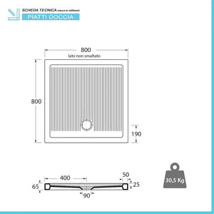 Piatto doccia 90x90 H 6.5 quadrato in ceramica bianca con antiscivolo Ferdy
