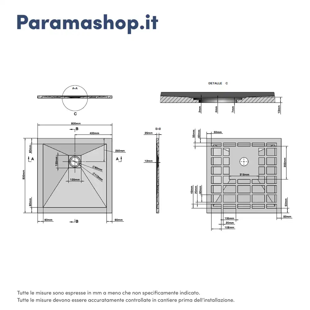 Piatto doccia 80x80cm effetto pietra nero antracite in marmoresina e gel coat | Messapia
