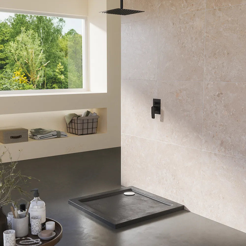 Piatto doccia 80x80 effetto pietra nero in acrilico altezza slim | Petra