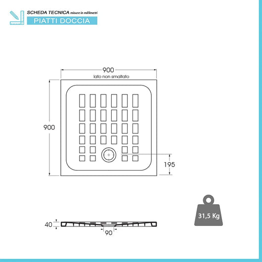 Piatto doccia 90x90 H 4 quadrato in ceramica bianca con antiscivolo Cube