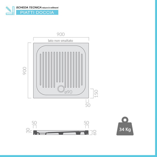 Piatto doccia 90x90 H 6 quadrato in ceramica bianca con antiscivolo
