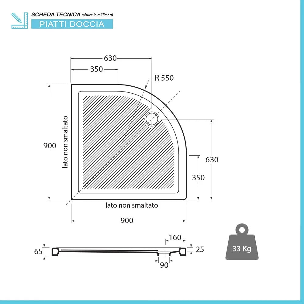 Piatto doccia 90x90 H 6.5 semicircolare in ceramica bianca con antiscivolo Ferdy