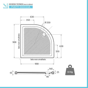 Piatto doccia 90x90 H 6.5 semicircolare in ceramica bianca con antiscivolo Ferdy