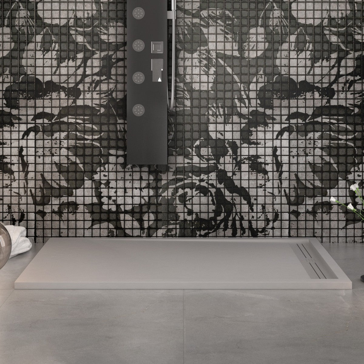 Piatto doccia in marmo resina grigio chiaro pietra cemento grid, misura 90x120