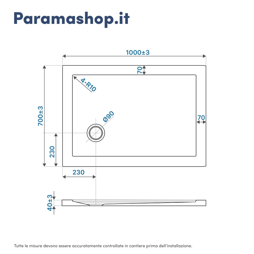 Piatto doccia 70x100 cm bianco lucido bordato in acrilico rinforzato | Asteios