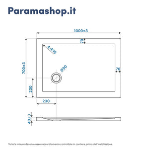 Piatto doccia 70x100 cm bianco lucido bordato in acrilico rinforzato | Asteios