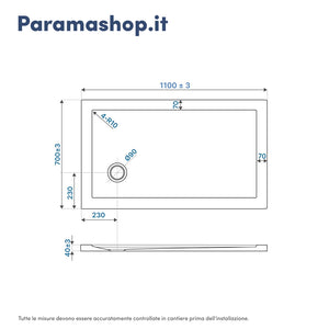 Piatto doccia 70x110 cm bianco lucido bordato in acrilico rinforzato | Asteios