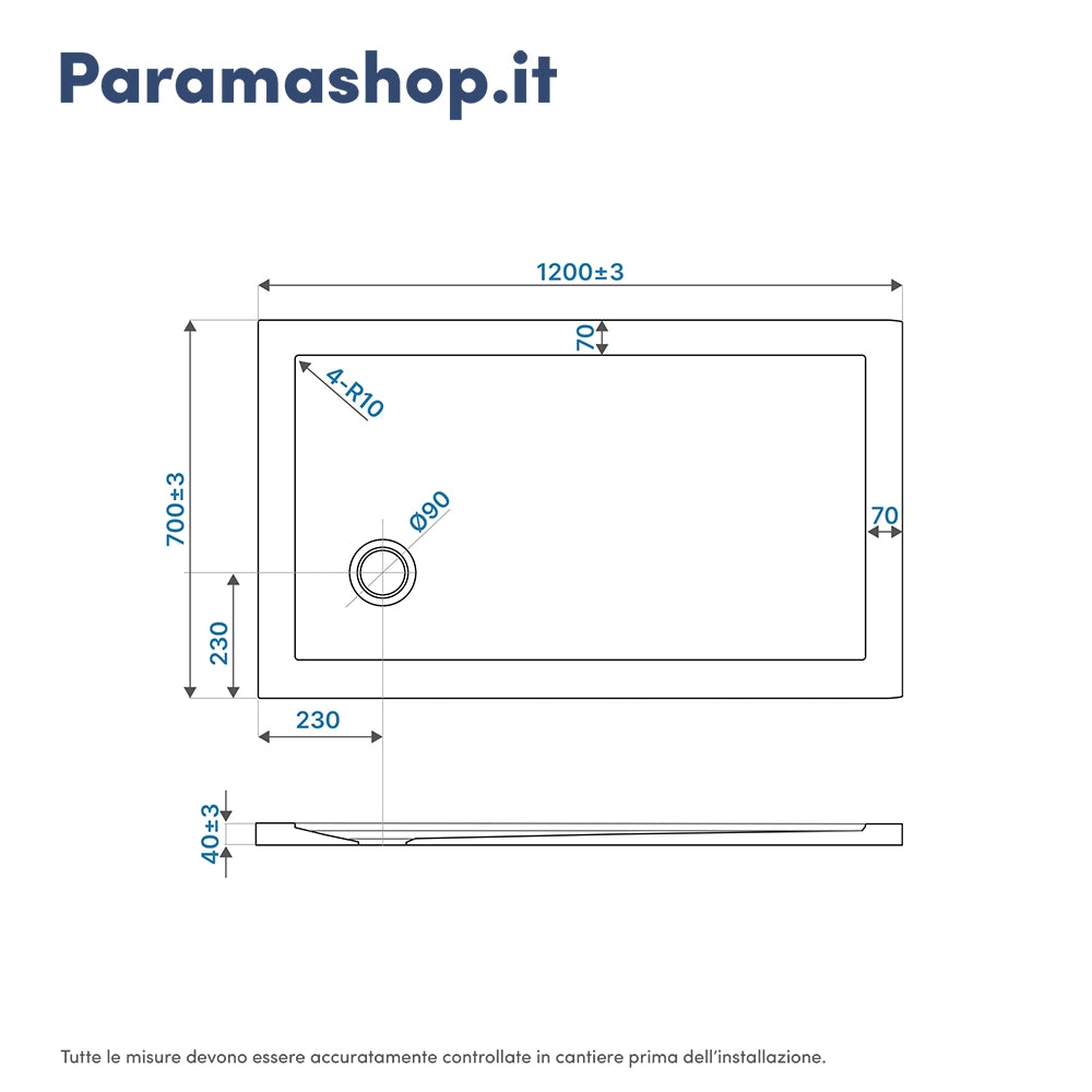 Piatto doccia 70x120 cm bianco lucido bordato in acrilico rinforzato | Asteios
