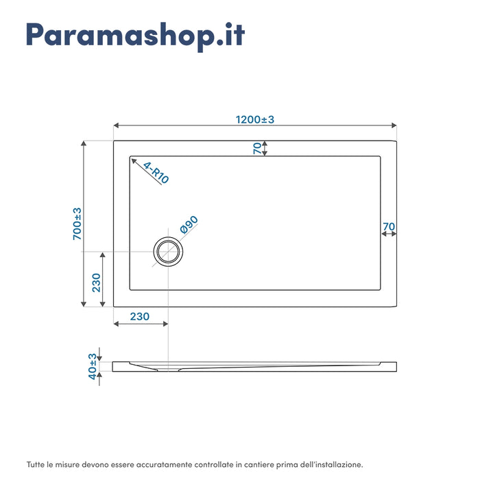 Piatto doccia 70x120 cm bianco lucido bordato in acrilico rinforzato | Asteios