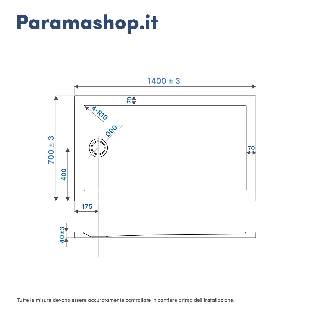 Piatto doccia 70x140 cm bianco lucido bordato in acrilico rinforzato | Asteios