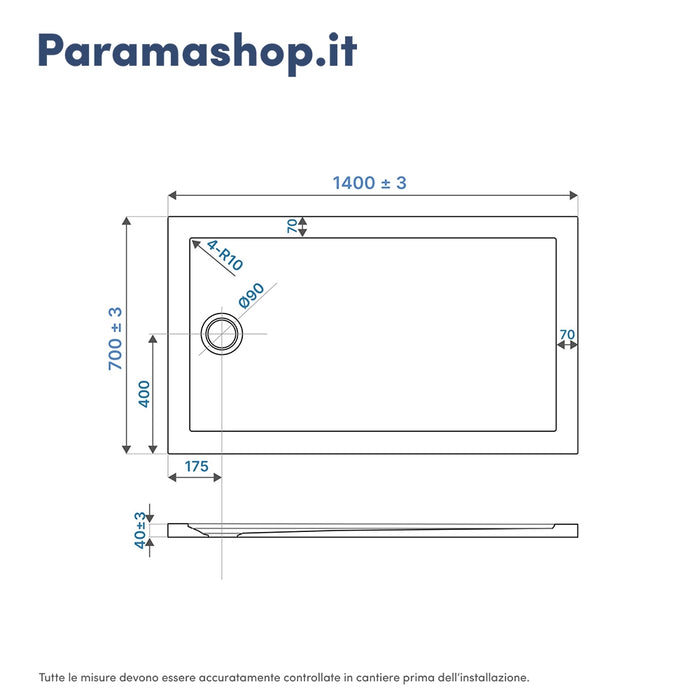 Piatto doccia 70x140 cm bianco lucido bordato in acrilico rinforzato | Asteios
