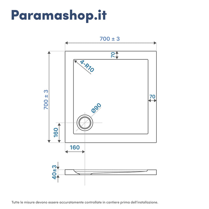 Piatto doccia 70x70 cm bianco lucido bordato in acrilico rinforzato | Asteios