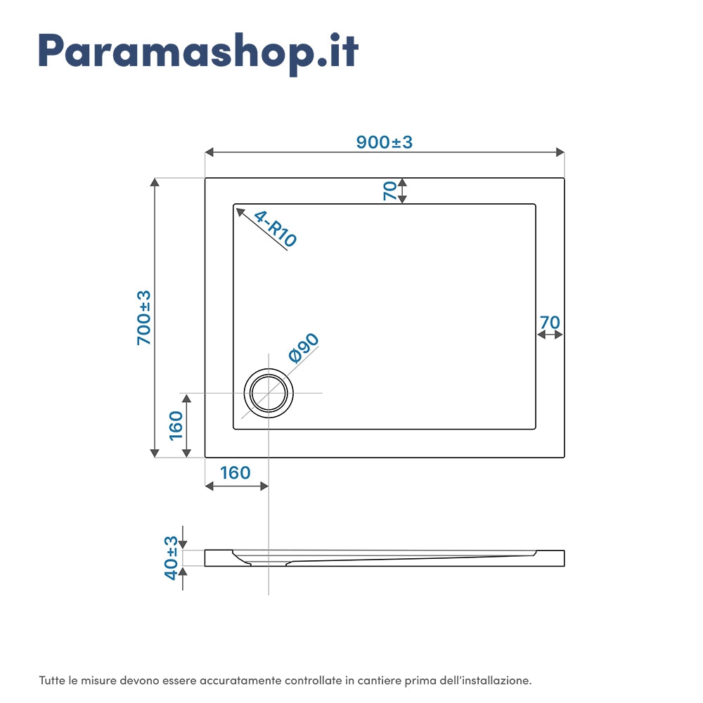 Piatto doccia 70x90 cm bianco lucido bordato in acrilico rinforzato | Asteios