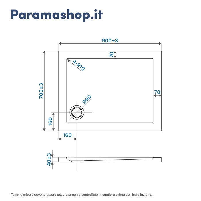 Piatto doccia 70x90 cm bianco lucido bordato in acrilico rinforzato | Asteios