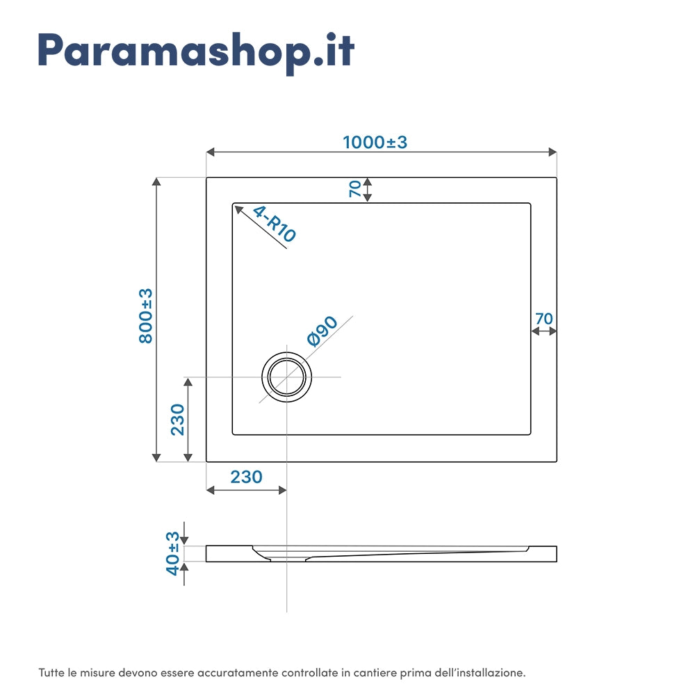 Piatto doccia 80x100 cm bianco lucido bordato in acrilico rinforzato | Asteios