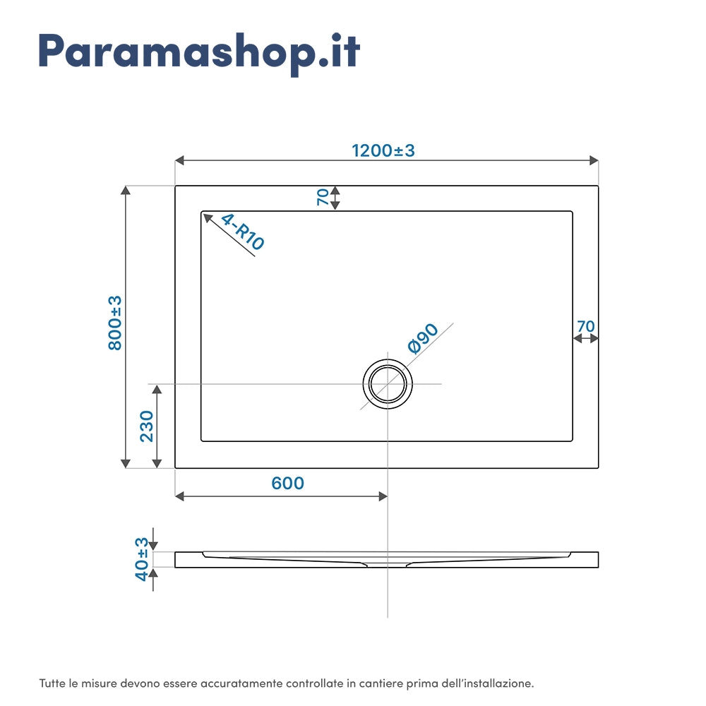 Piatto doccia 80x120 cm bianco lucido bordato in acrilico rinforzato | Asteios