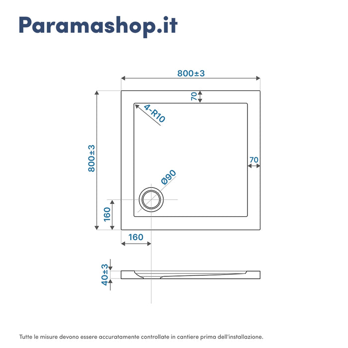 Piatto doccia 80x80 cm bianco lucido bordato in acrilico rinforzato | Asteios