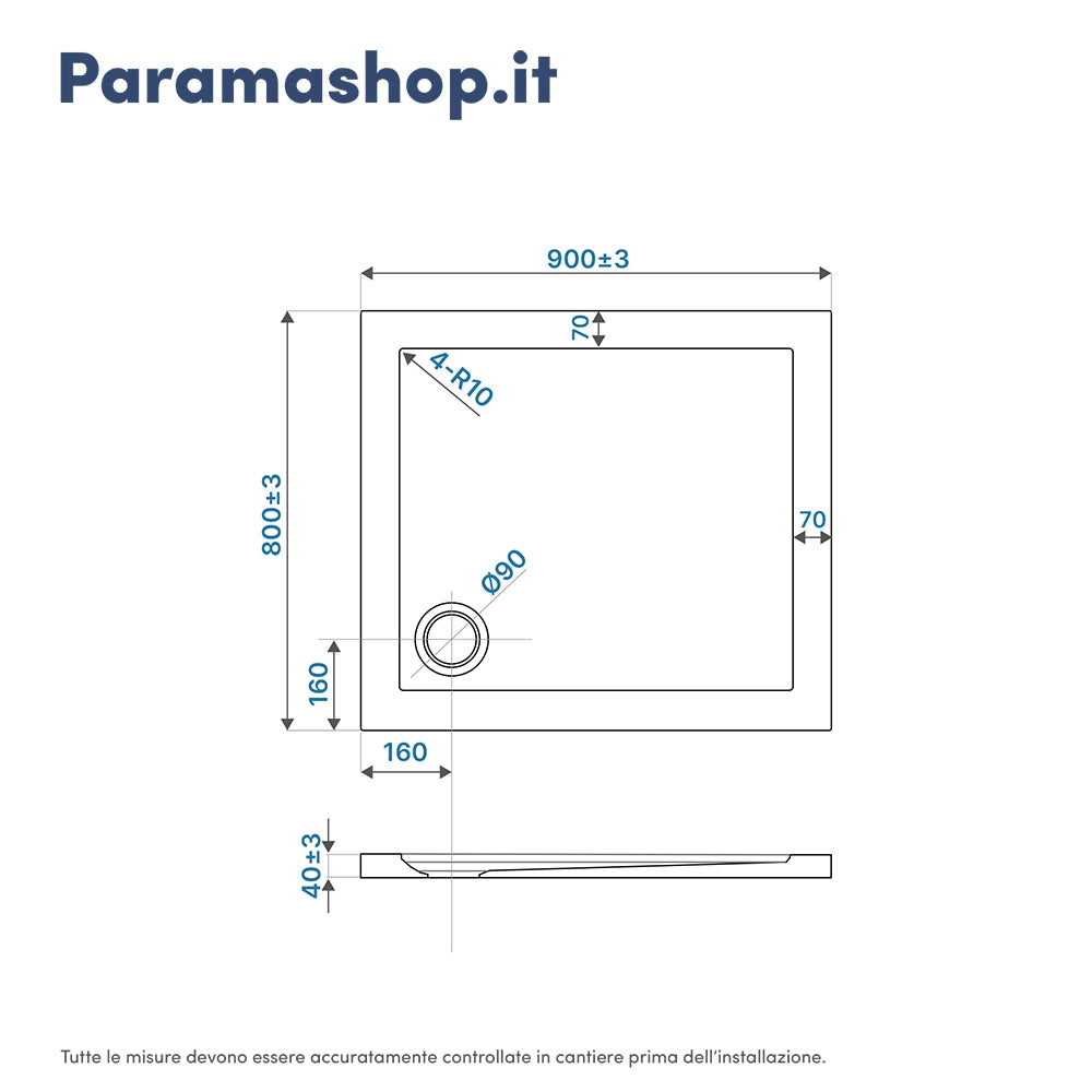 Piatto doccia bordato 80x90 cm in acrilico rinforzato bianco lucido | Asteios
