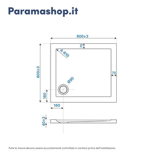 Piatto doccia bordato 80x90 cm in acrilico rinforzato bianco lucido | Asteios