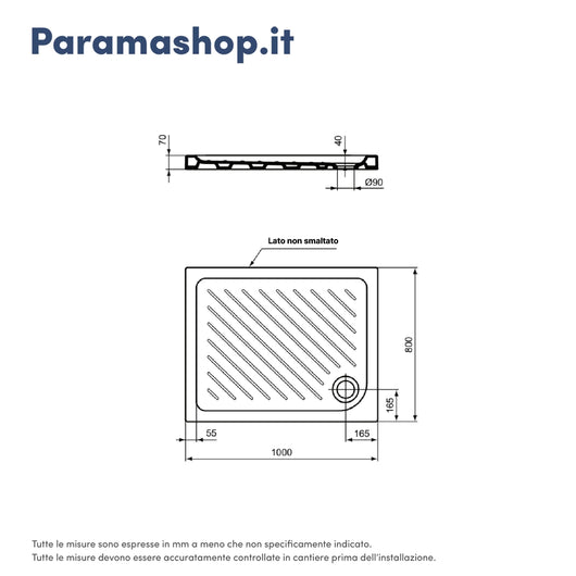 Ideal Standard piatto doccia 80x100x7h cm in ceramica bianco lucido design anti-scivolo mod. Eurovit